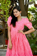 Thumbnail for Jyoti Fashion Women's Pink Bandhej Print with Crush Pleating Muslin Anarkali Dress - Distacart