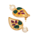 Thumbnail for Nuyug 22K Gold Plated Emarald Stone Studded Contemporary Petal Shaped Pearl Drop Stud Earrings - Distacart