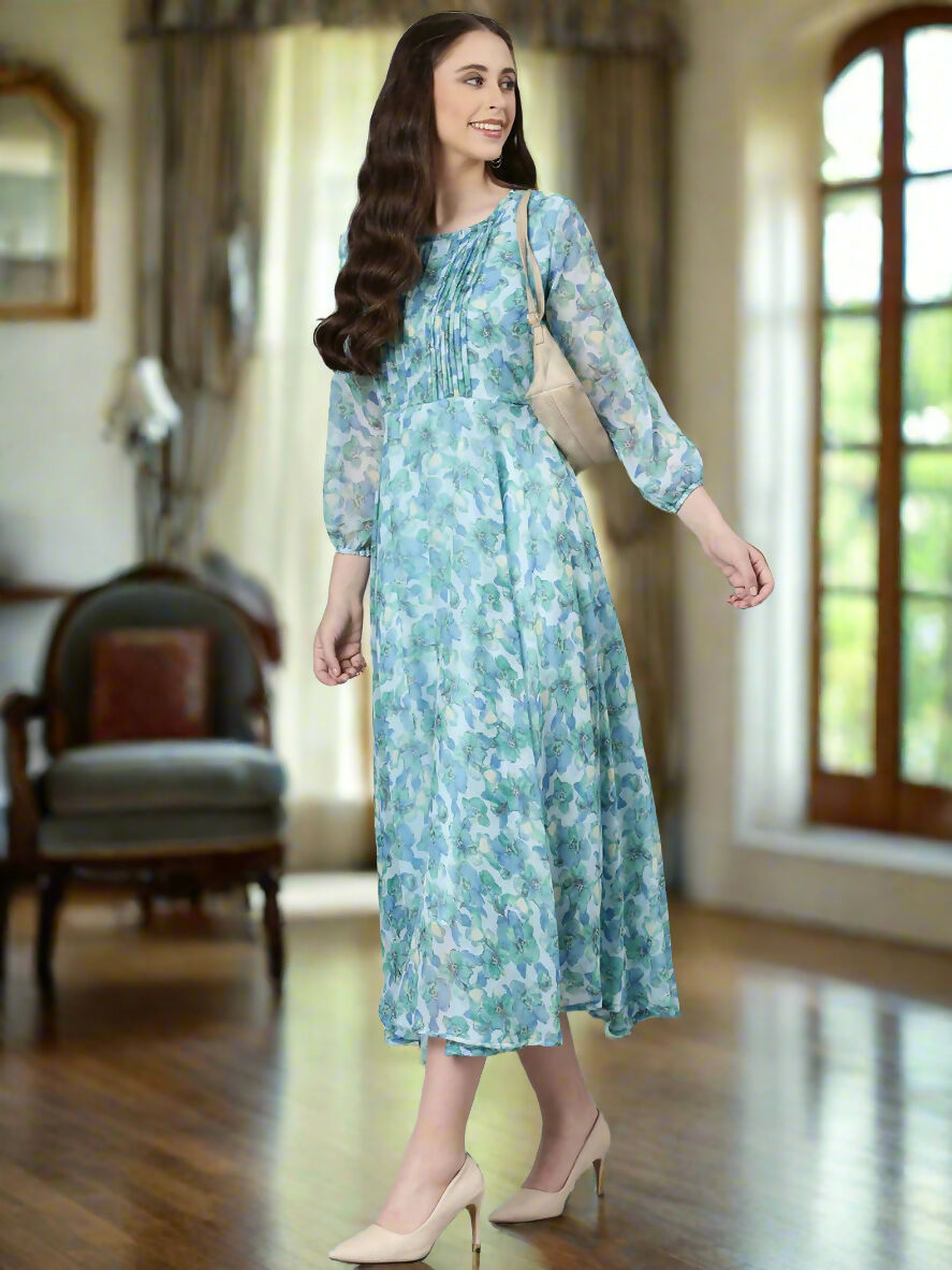 Souchii Blue Floral Chiffon Maxi Dress