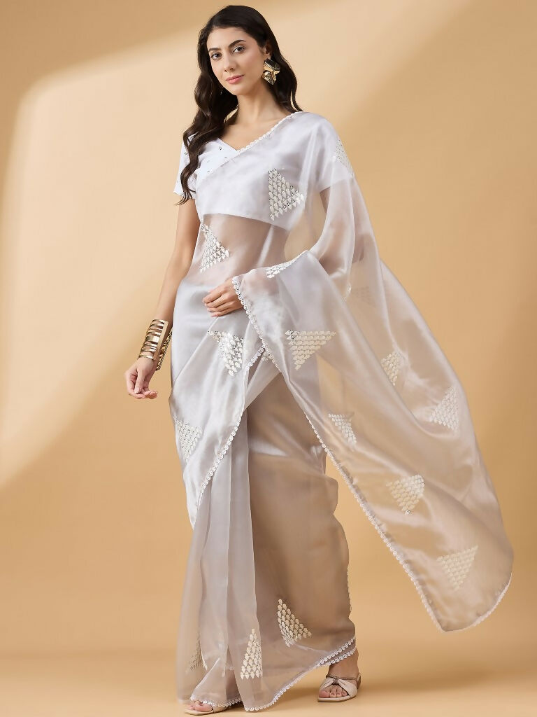 Grey Tissue Slub Embroidered Saree with Unstitched Blouse - Vairagi - Distacart