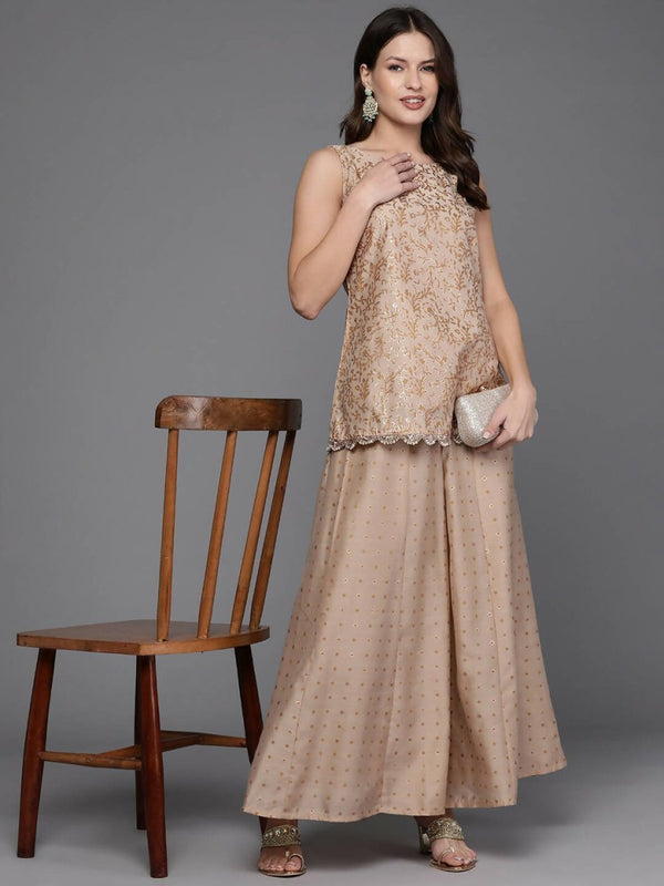 Ahalyaa Women Floral Printed Top with Palazzos - Tan Color - Distacart
