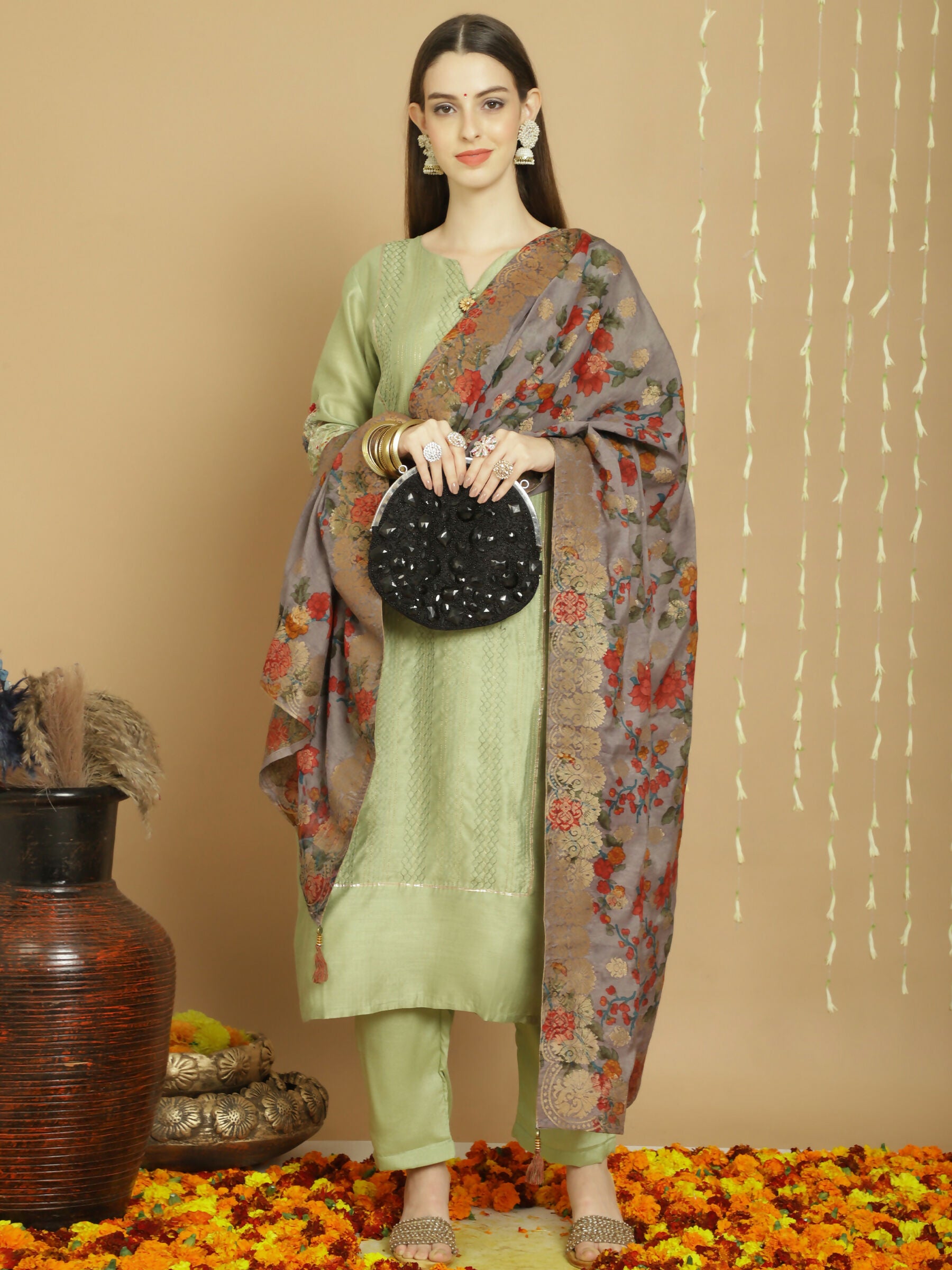 Jyoti Fashion Women's Green Chanderi Silk Elegant Jardoshi Semi Kurta with Trouser & Dupatta - Distacart