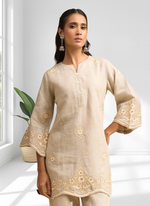 Thumbnail for Joban Fashion Beige Linen Embroidered Readymade Cord Set - Distacart