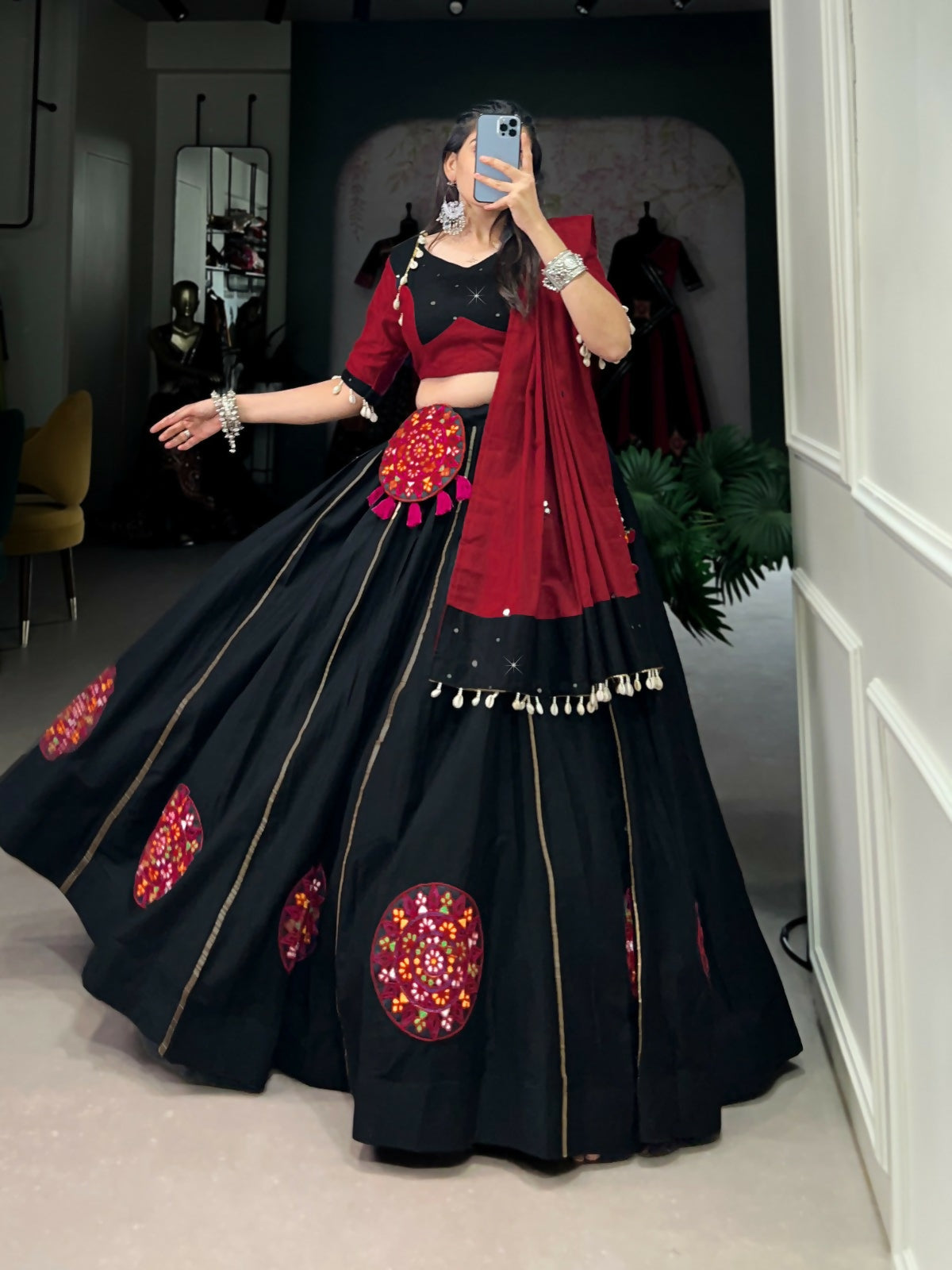 Vastranavya Navaratri Special Pure Cotton Gamthi Patch Work With Gota Patti Touch Up Lehenga Stitched Choli - Black - Distacart