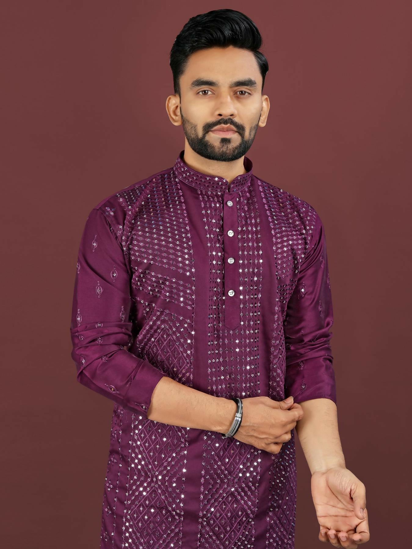 Anaita Purple Embroidered Silk Straight Kurta - Distacart