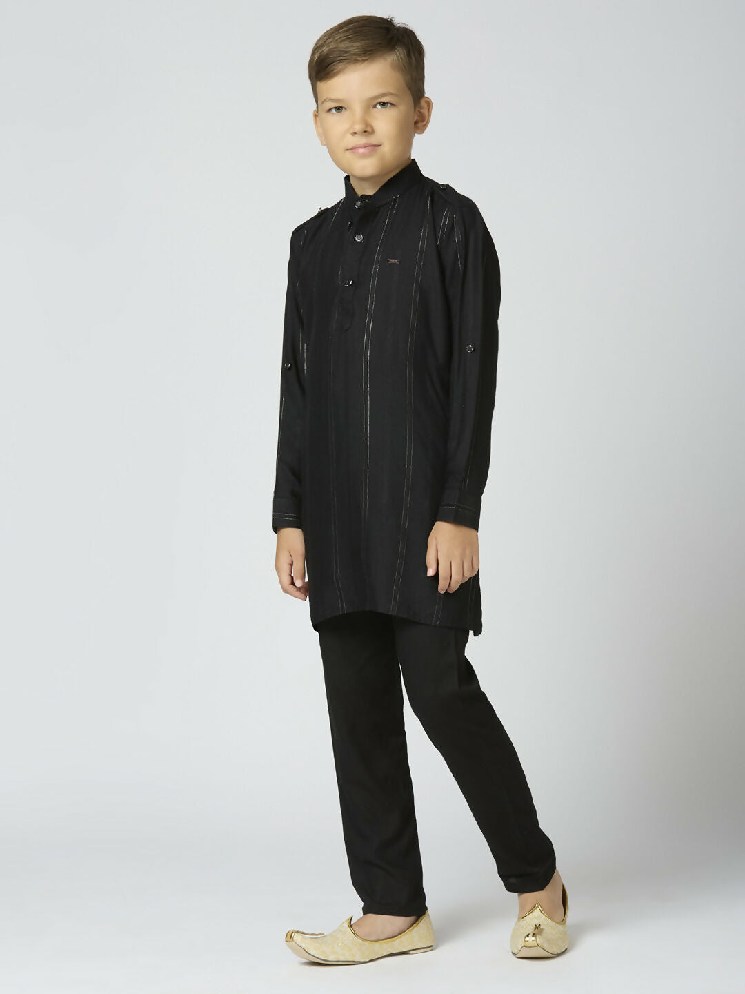 Joban Fashion Kids Island Full Sleeves Cotton Kurta and Pyjama Set with Strip - Black - Distacart