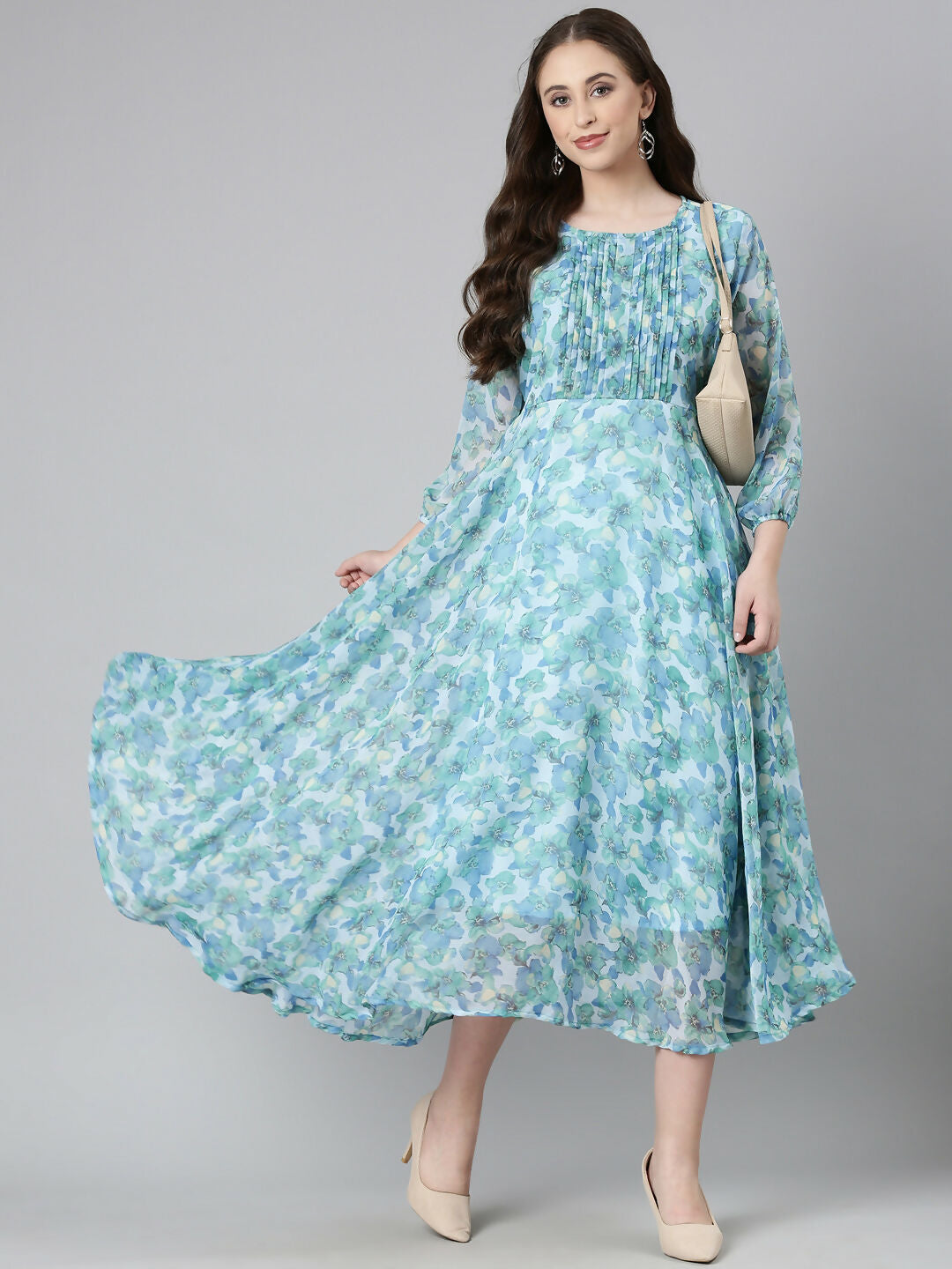 Souchii Blue Floral Chiffon Maxi Dress