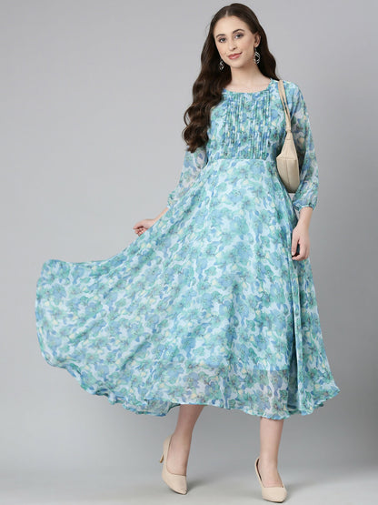 Souchii Blue Floral Chiffon Maxi Dress - Dista