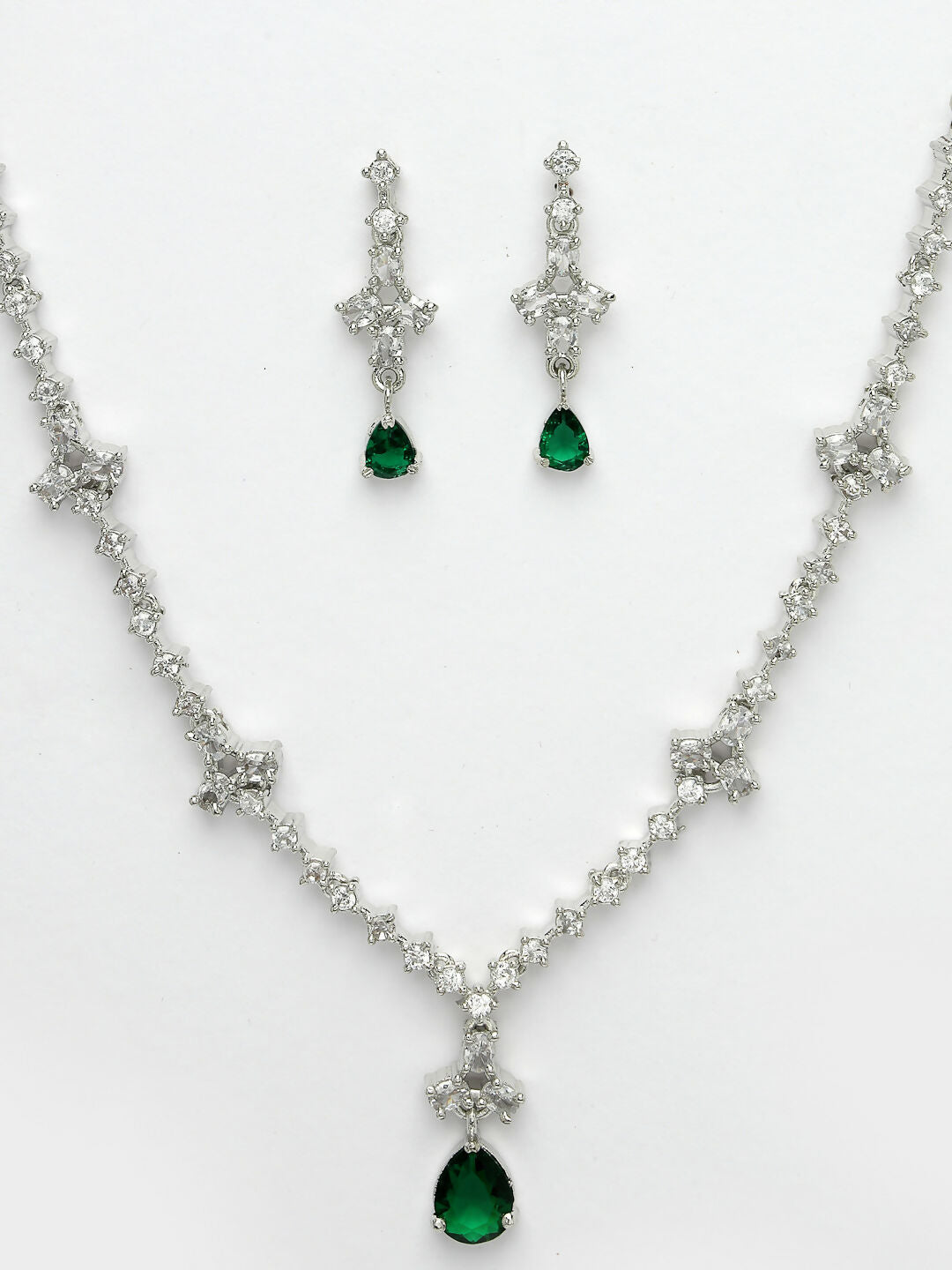 NVR Women's Silver-Plated Green American Diamond Studded Jewellery Set - Distacart