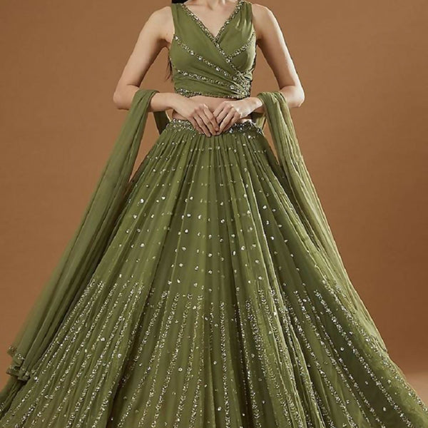 Jyoti Fashion Glamorous Olive Green Zari and Thread Embroidered Georgette Lehenga Choli with Dupatta - Distacart