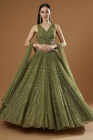 Jyoti Fashion Glamorous Olive Green Zari and Thread Embroidered Georgette Lehenga Choli with Dupatta - Distacart