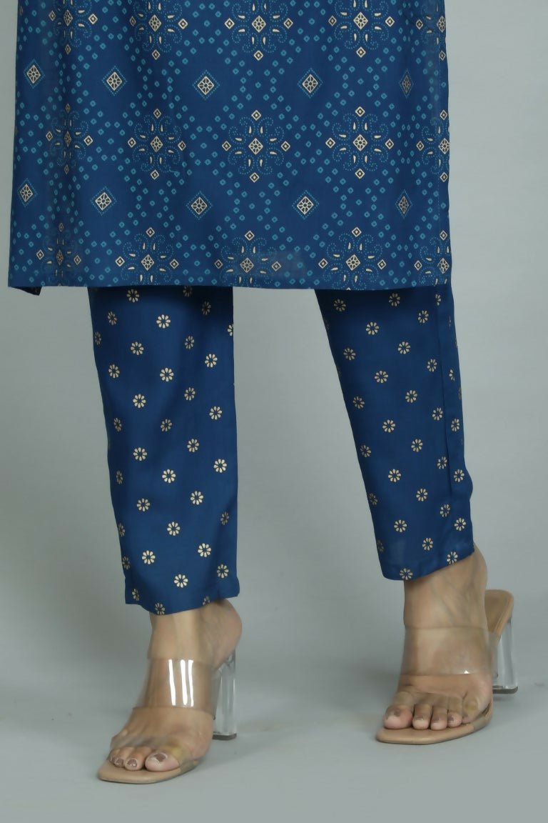 Alvano Printed Sequence Kurti with Pant and Dupatta set Rayon (Blue) - Distacart