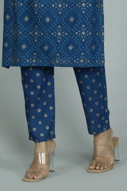 Alvano Printed Sequence Kurti with Pant and Dupatta set Rayon (Blue) - Distacart