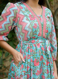 Thumbnail for Kaajh Women's Green Hand Block Printed Dress - Distacart