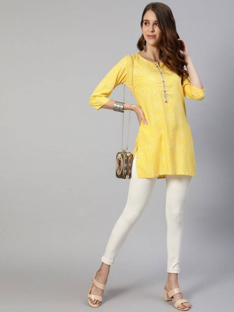 Anubhutee Yellow & White Bandhani Printed Kurti - Distacart