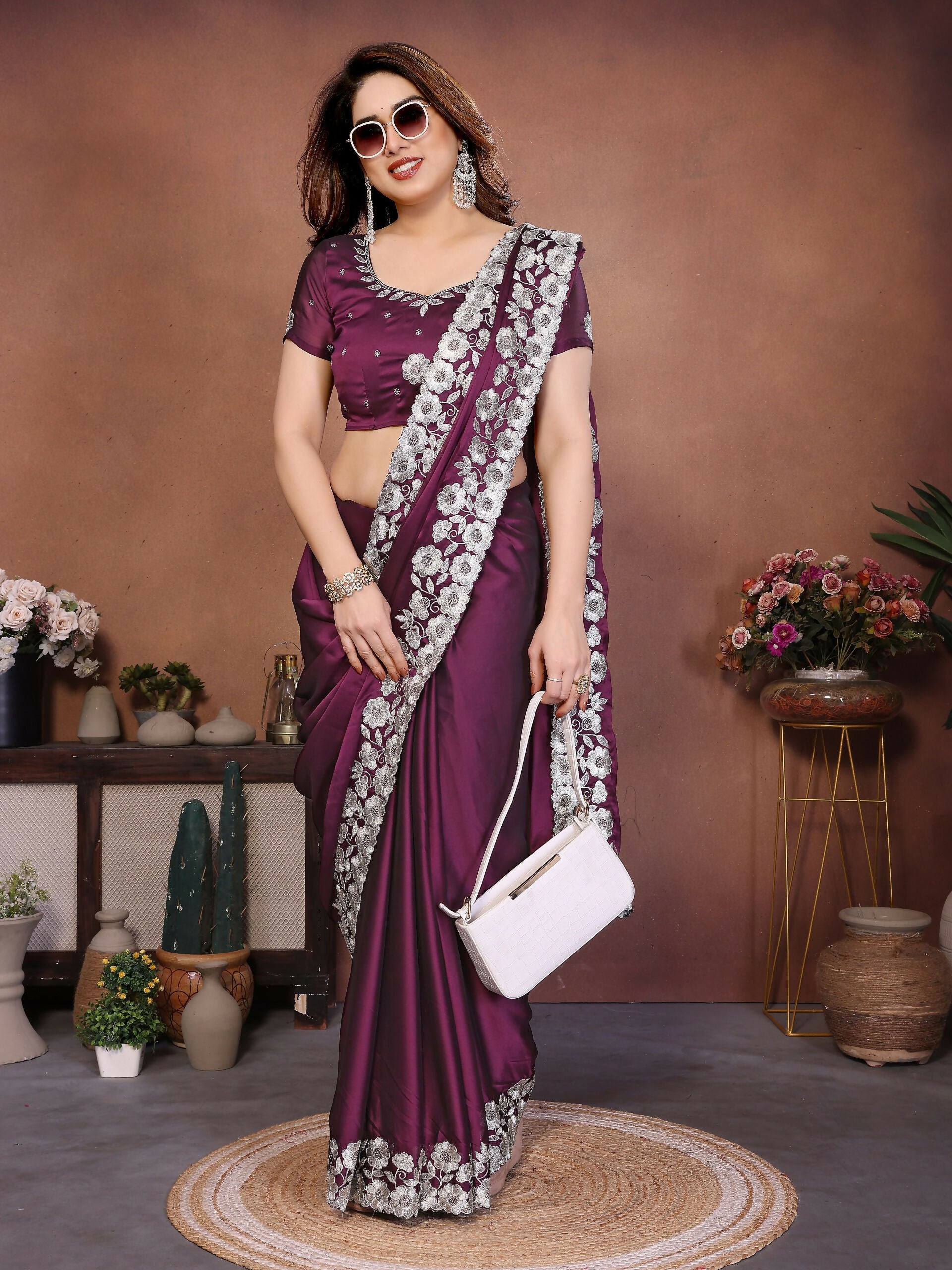 Teeya Creation New Trendy Stylish Party Wear Silk Saree-Wine - Dista