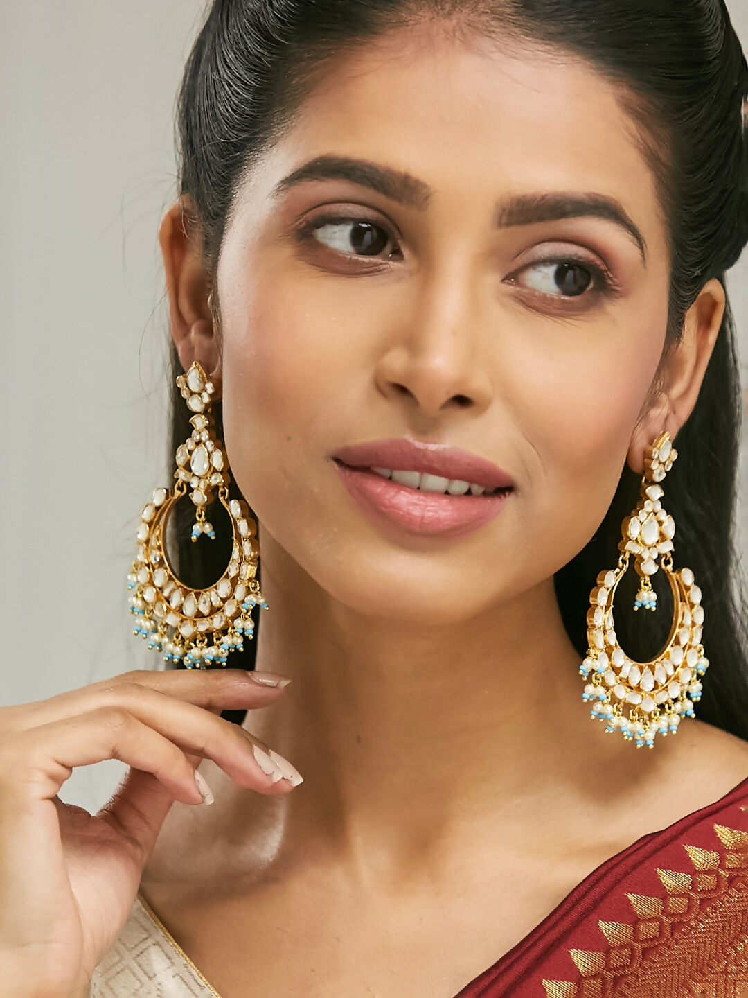Nuyug 22K Gold-Plated Kundan Stone Studded & Pearl Beaded Chandbalis