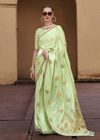 Thumbnail for Sprout Green Pure Satin Zari Weaving Wedding Festive Saree - Emponline - Distacart