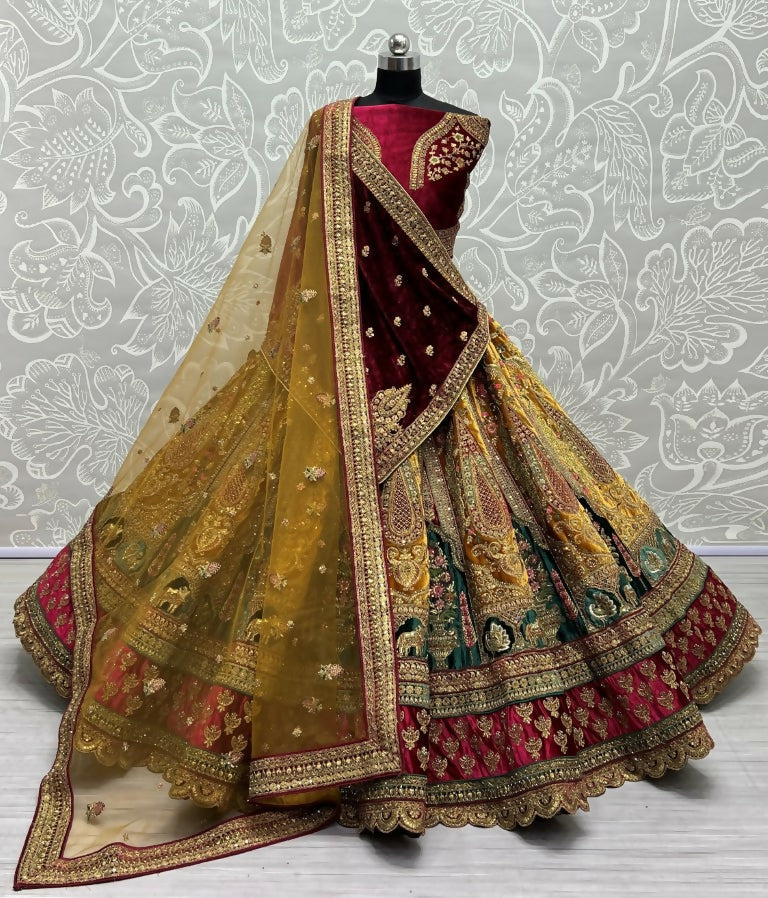 Jyoti Fashion Women's Mustard Velvet Multi Thread Embroidered, Patch Work with Zircon Diamond Wedding Lehenga Choli - Distacart