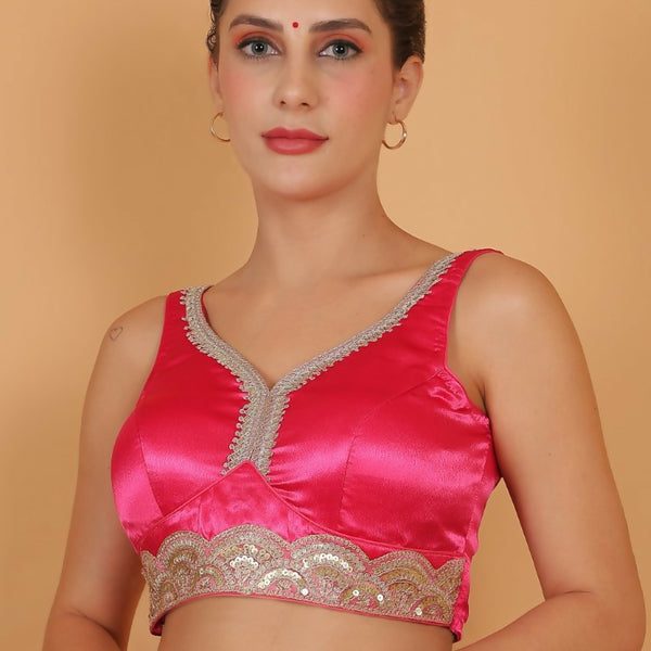 Joban Fashion Silk Zari And Sequence Work Padded Blouse - Hot Pink