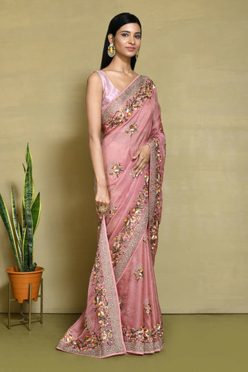 Pink Net Organza Silk Thread Emboidered with Stone Work Saree - Nimaya Benzy - Distacart
