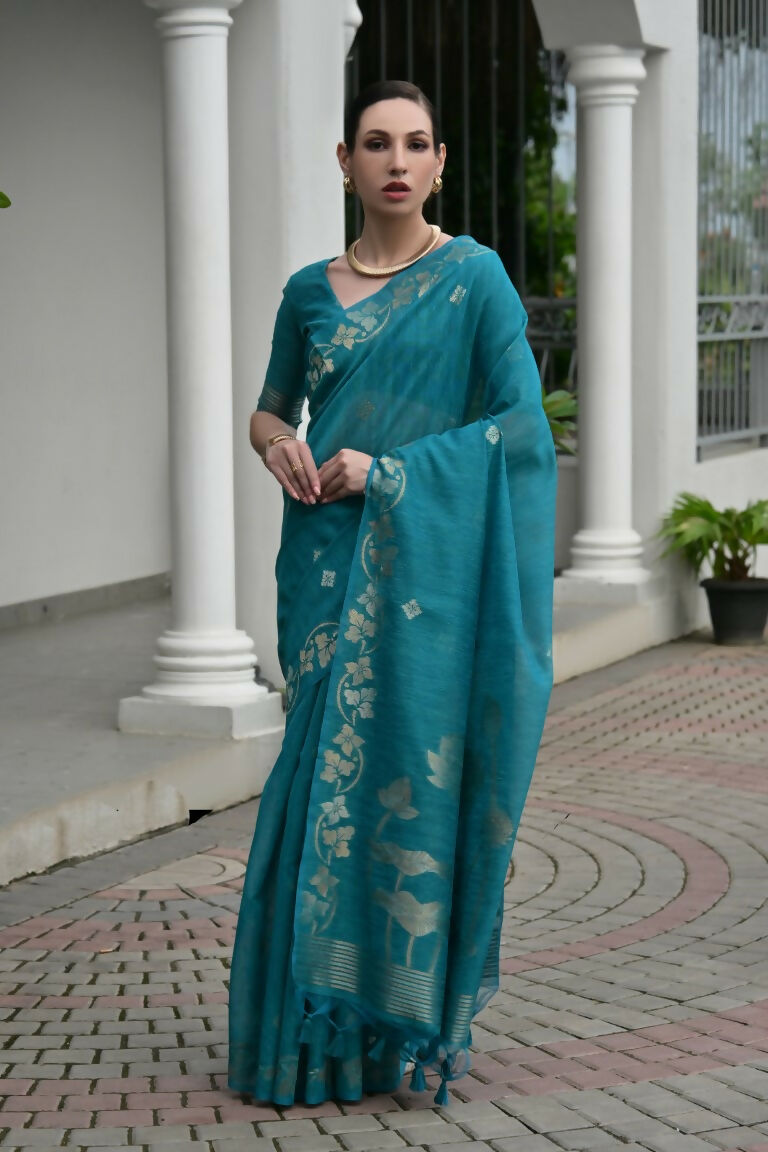 Vishnu Weaves Women's Firozi Linen Silk Zari Weaving Saree with Blouse