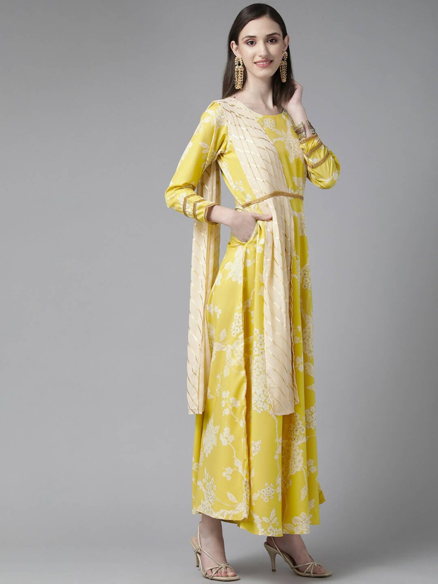 Ahalyaa Womens Lemmon Yellow Crepe Digital Printed Drapped Dress - Distacart