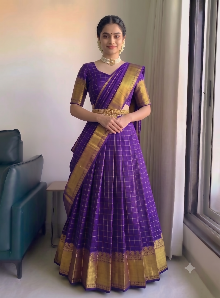 Teeya Creation Royal Purple Checkered Silk Lehenga Choli with Rich Gold Zari Border - Dista