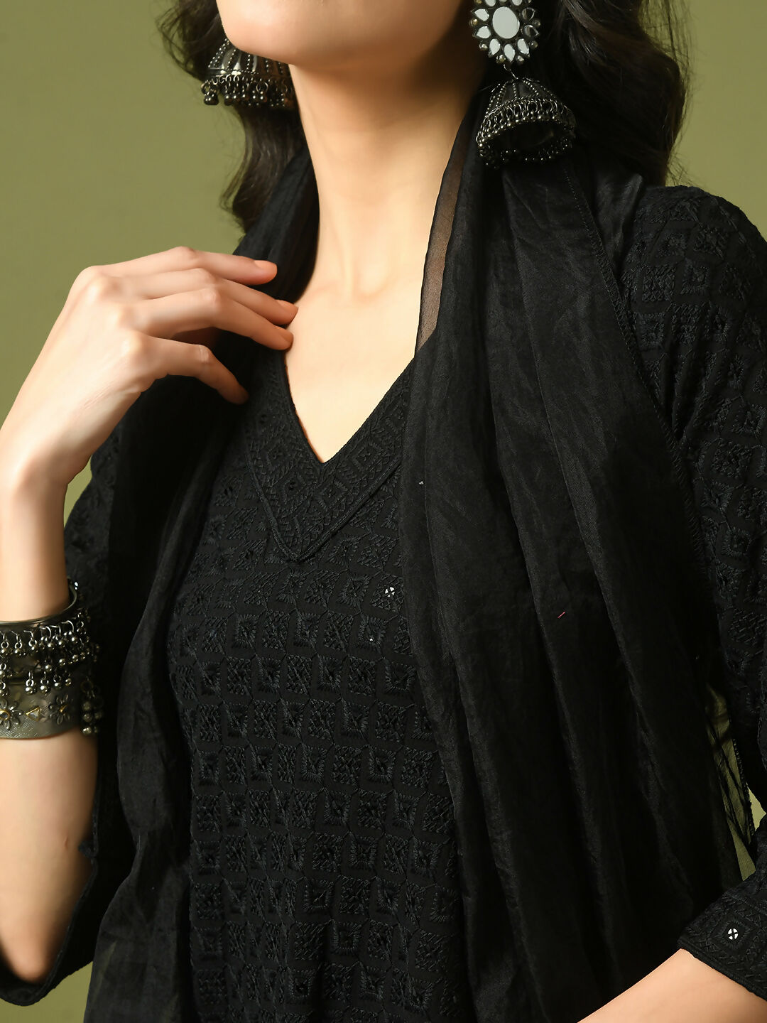 Myshka Women's Black Embroidered Cotton A-Line Party Kurta Set With Dupatta - Distacart