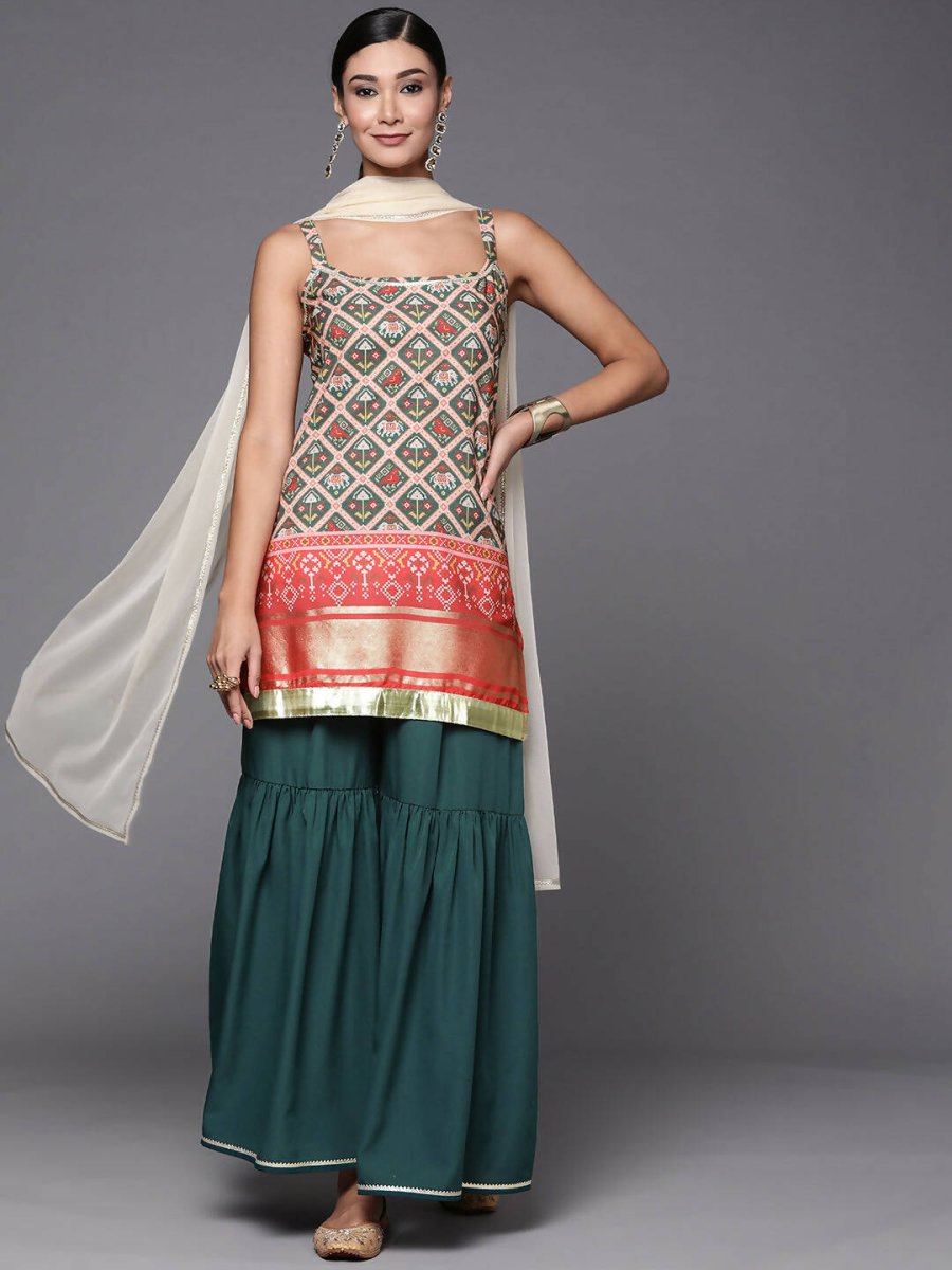 Ahalyaa Women Green & Red Ethnic Motifs Print Kurti with Sharara & Dupatta - Distacart