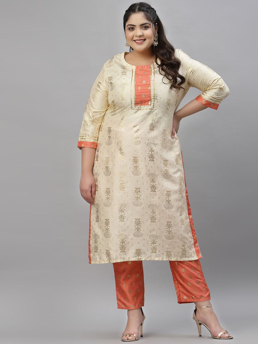 Sztori Plus Size Floral Printed Foil Work Straight Kurta With Trousers - Distacart