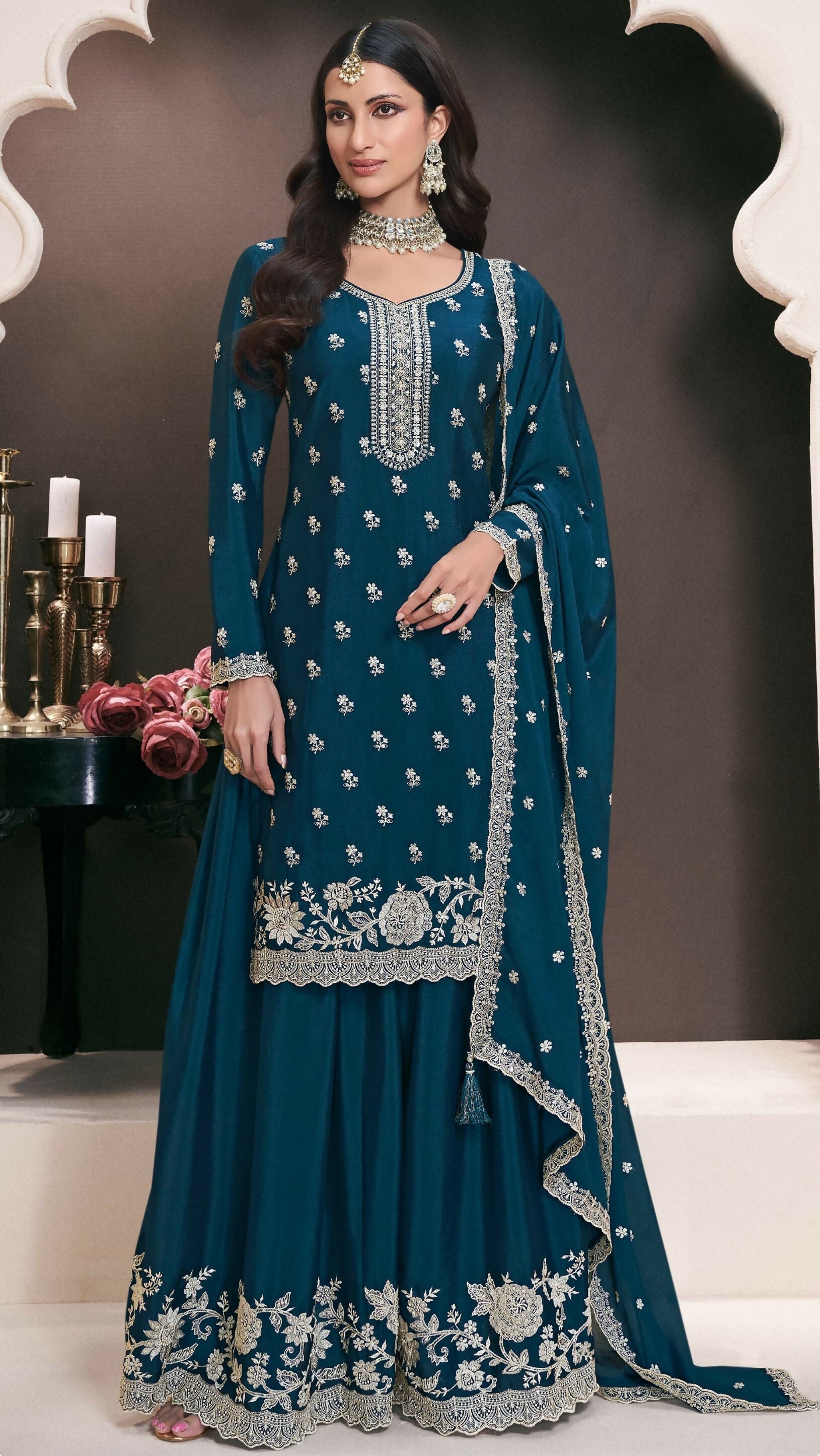 Anaita Teal Green Chinon Embroidered Thread Work Stitched Salwar Suit - Distacart