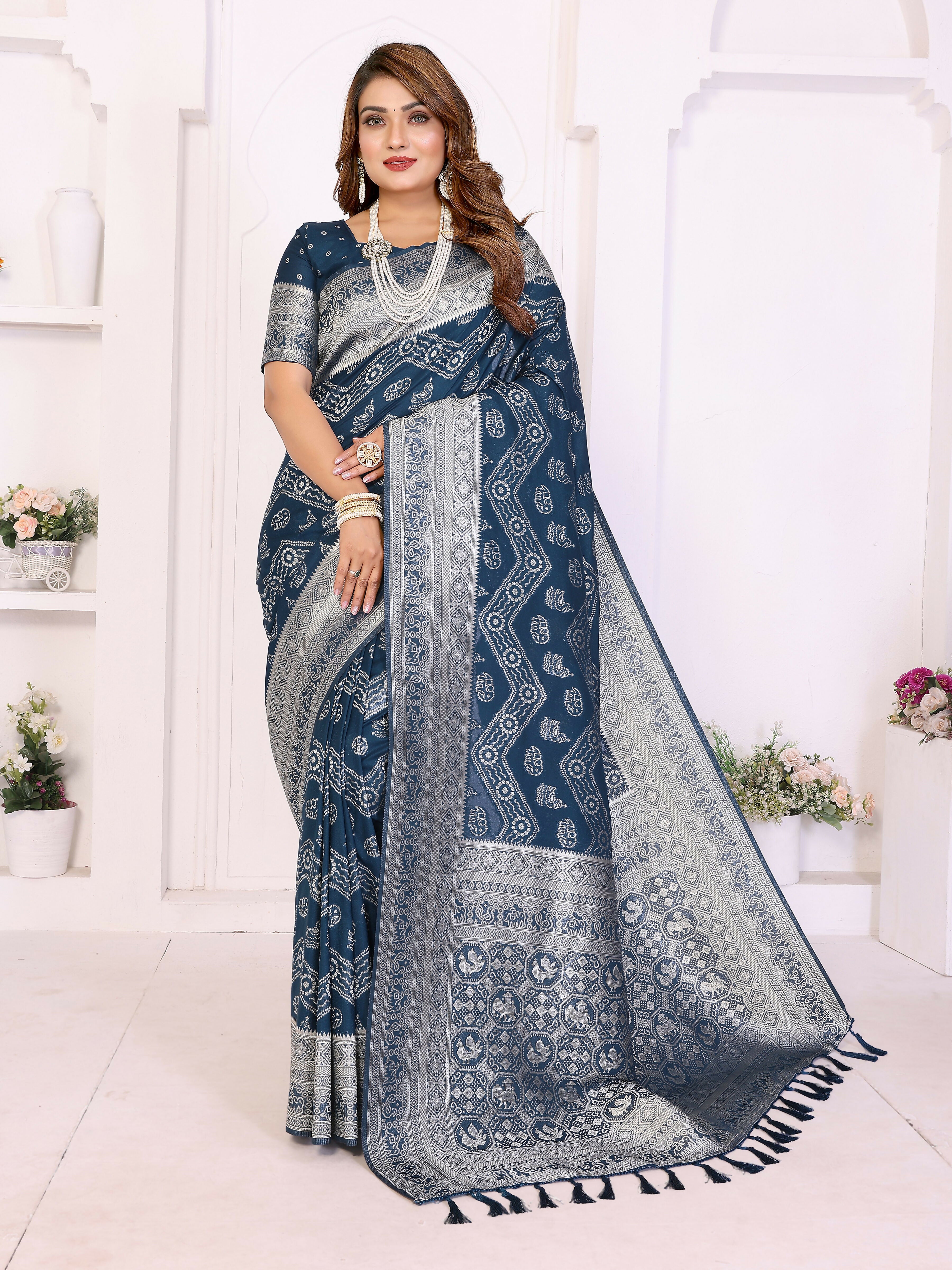 Aastha Fashion Teal Blue Georgette Silk Leheriya With Elegant Zari Weaving Saree - Distacart