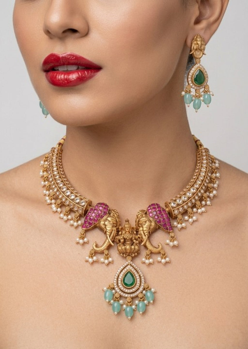 Jewel City Antique Gold Temple Jewelry Set with Elephant Kundan & Mint Green Beads