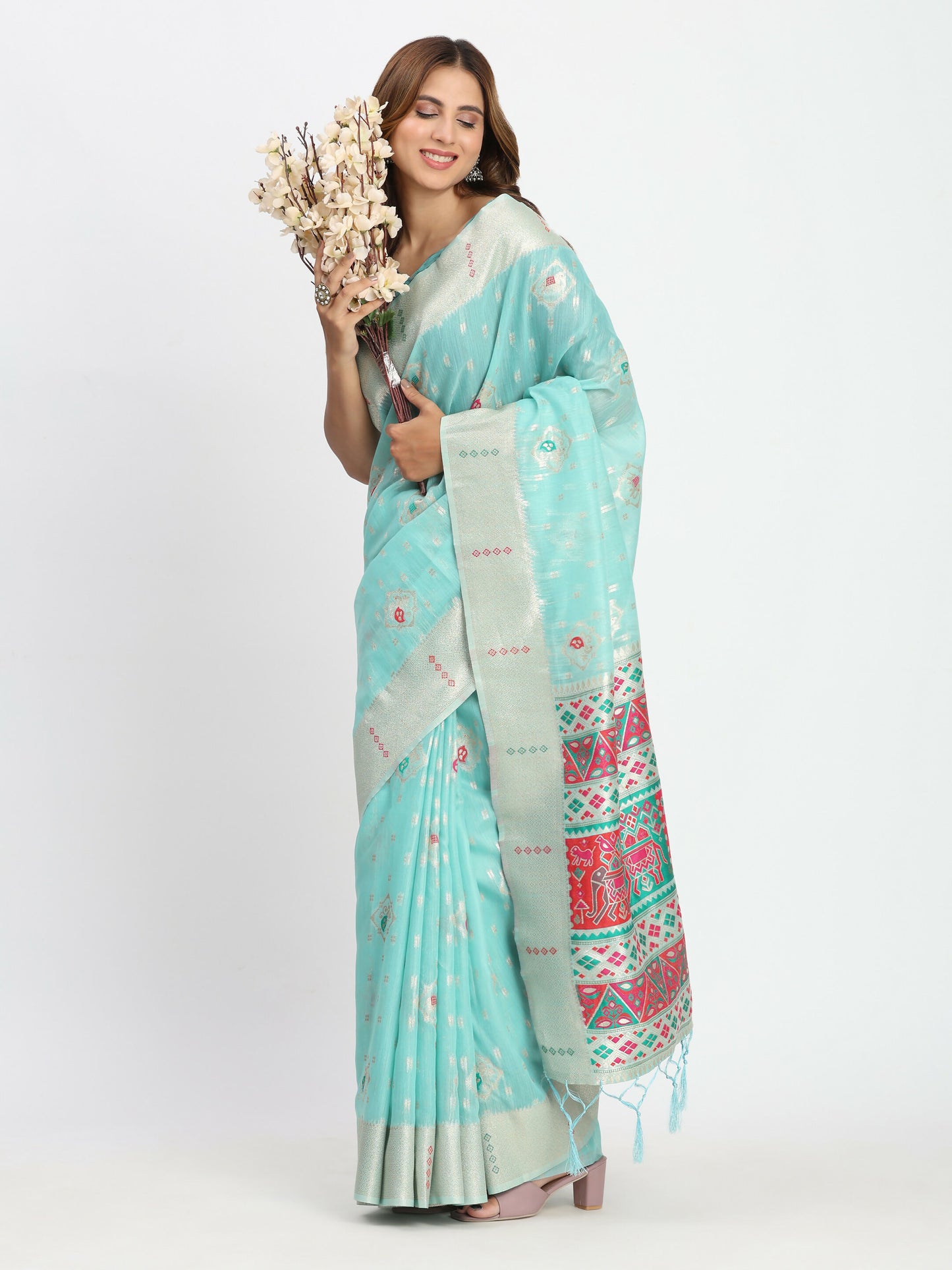 Shree Shyam Fashion Linen Cotton Sea Green Saree - Distacart