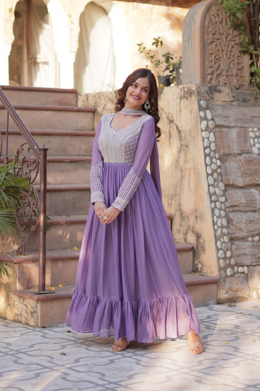 Evanik Lavender Star Georgette with Embroidery Beads Sequins-work Gown With Dupatta