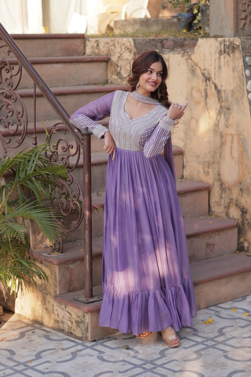 Evanik Lavender Star Georgette with Embroidery Beads Sequins-work Gown With Dupatta