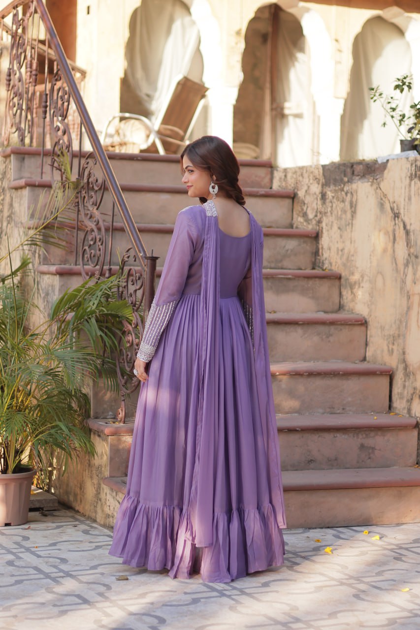 Evanik Lavender Star Georgette with Embroidery Beads Sequins-work Gown With Dupatta