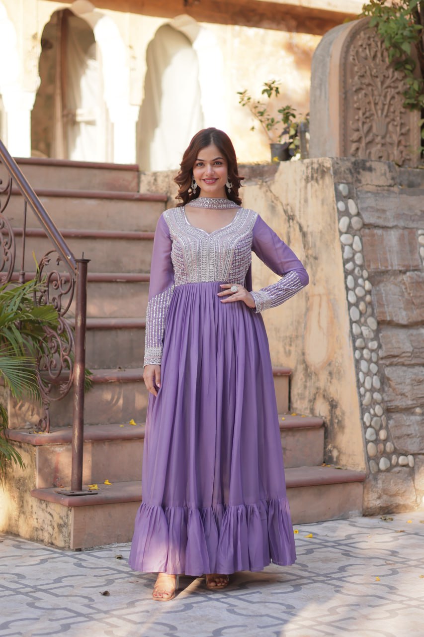 Evanik Lavender Star Georgette with Embroidery Beads Sequins-work Gown With Dupatta