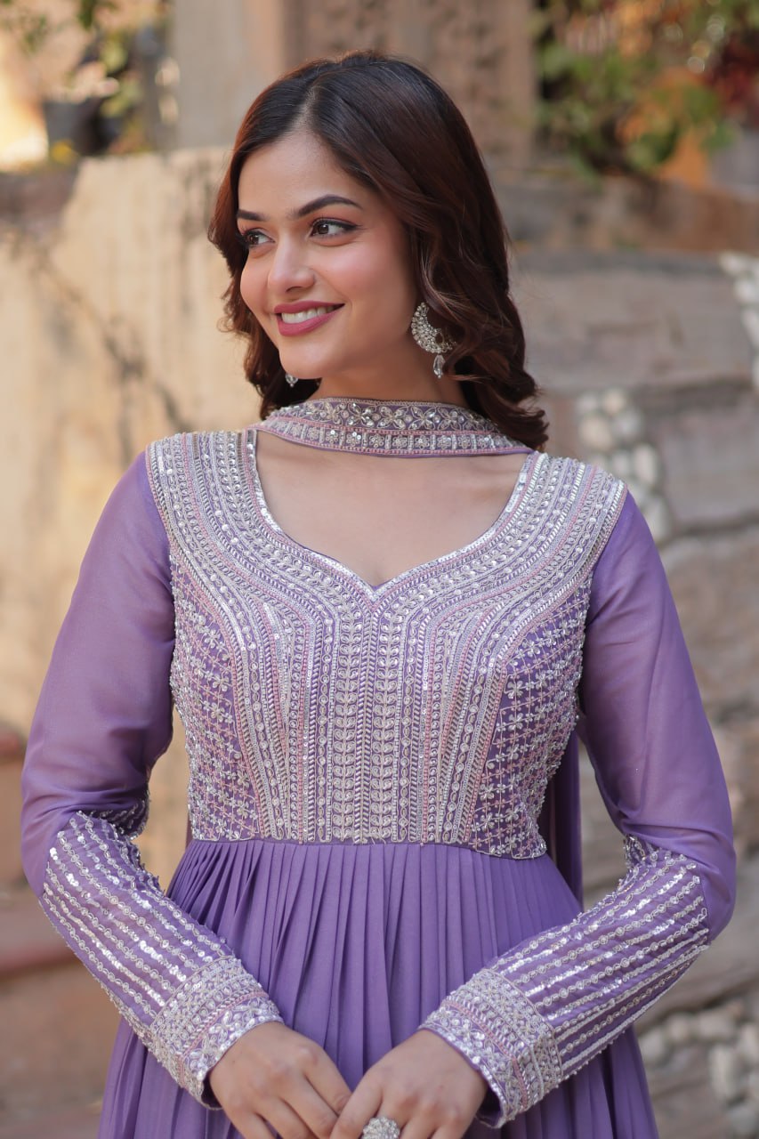 Evanik Lavender Star Georgette with Embroidery Beads Sequins-work Gown With Dupatta