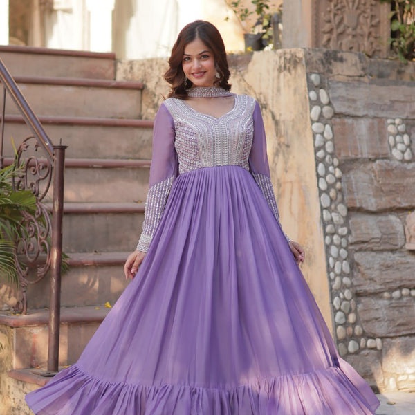 Evanik Lavender Star Georgette with Embroidery Beads Sequins-work Gown With Dupatta