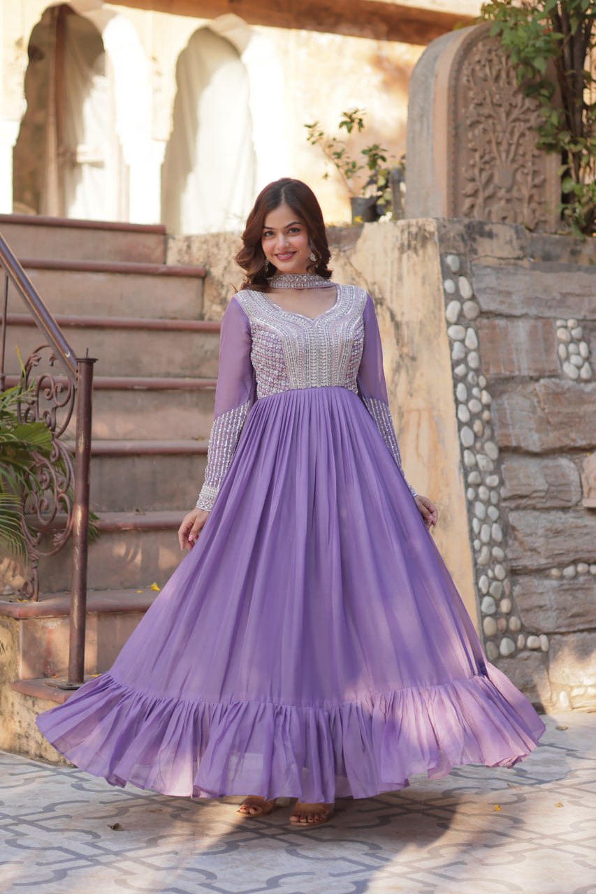 Evanik Lavender Star Georgette with Embroidery Beads Sequins-work Gown With Dupatta - Distacart