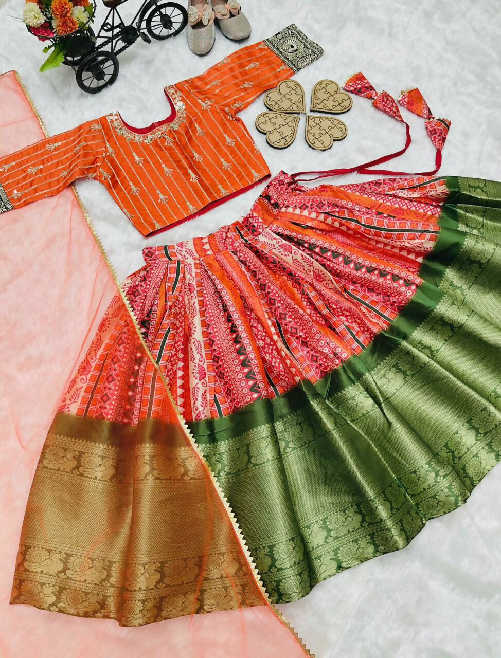 Jyoti Fashion Gorgeous Orange Pure Kota Silk Print with Zari Woven Kids Lehenga Choli Set - Distacart