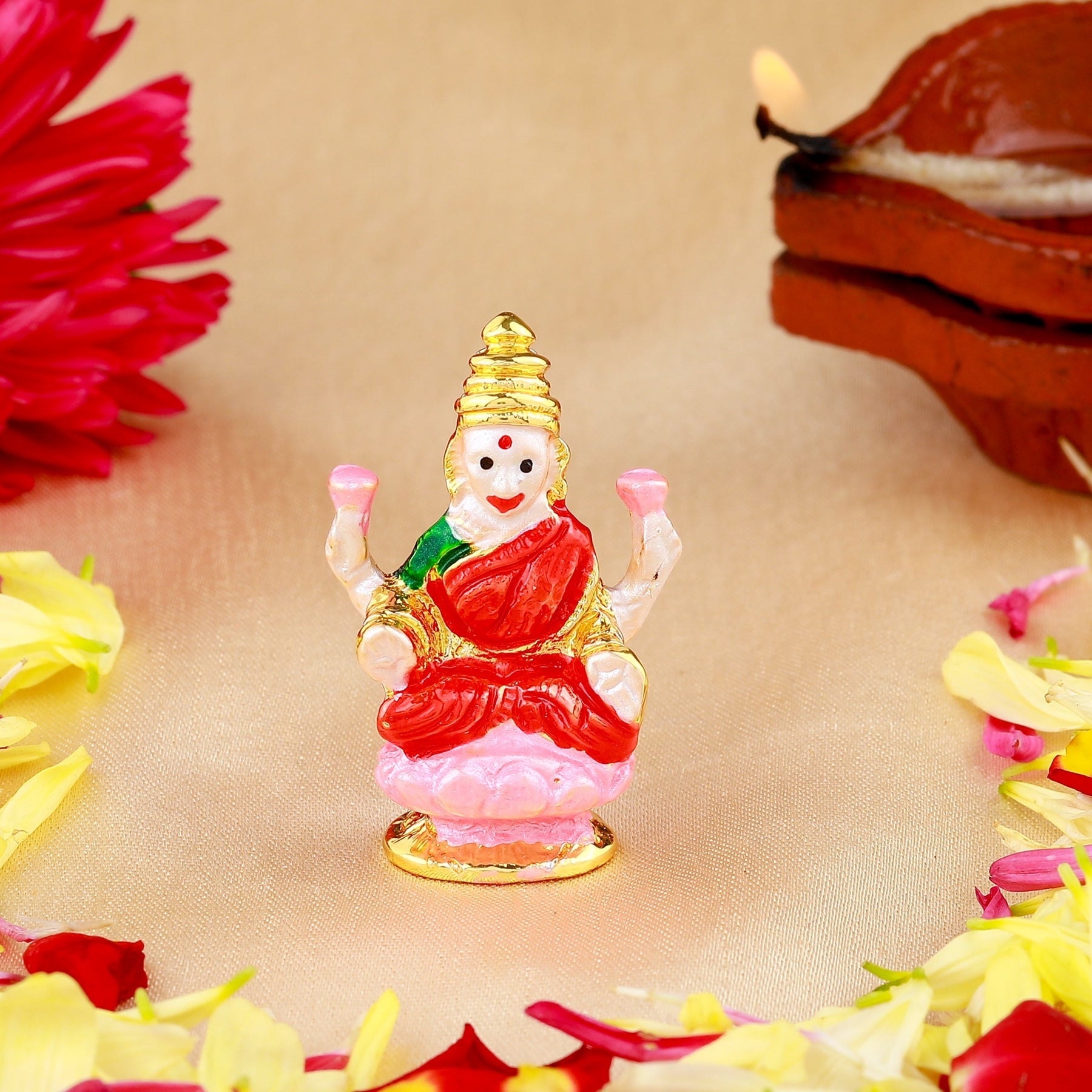 Estele Gold-Polished goddess of wealth Laxmi Devi on lotus Idol with multi-color Stone Type:Enamel for Home/Car decor - Distacart