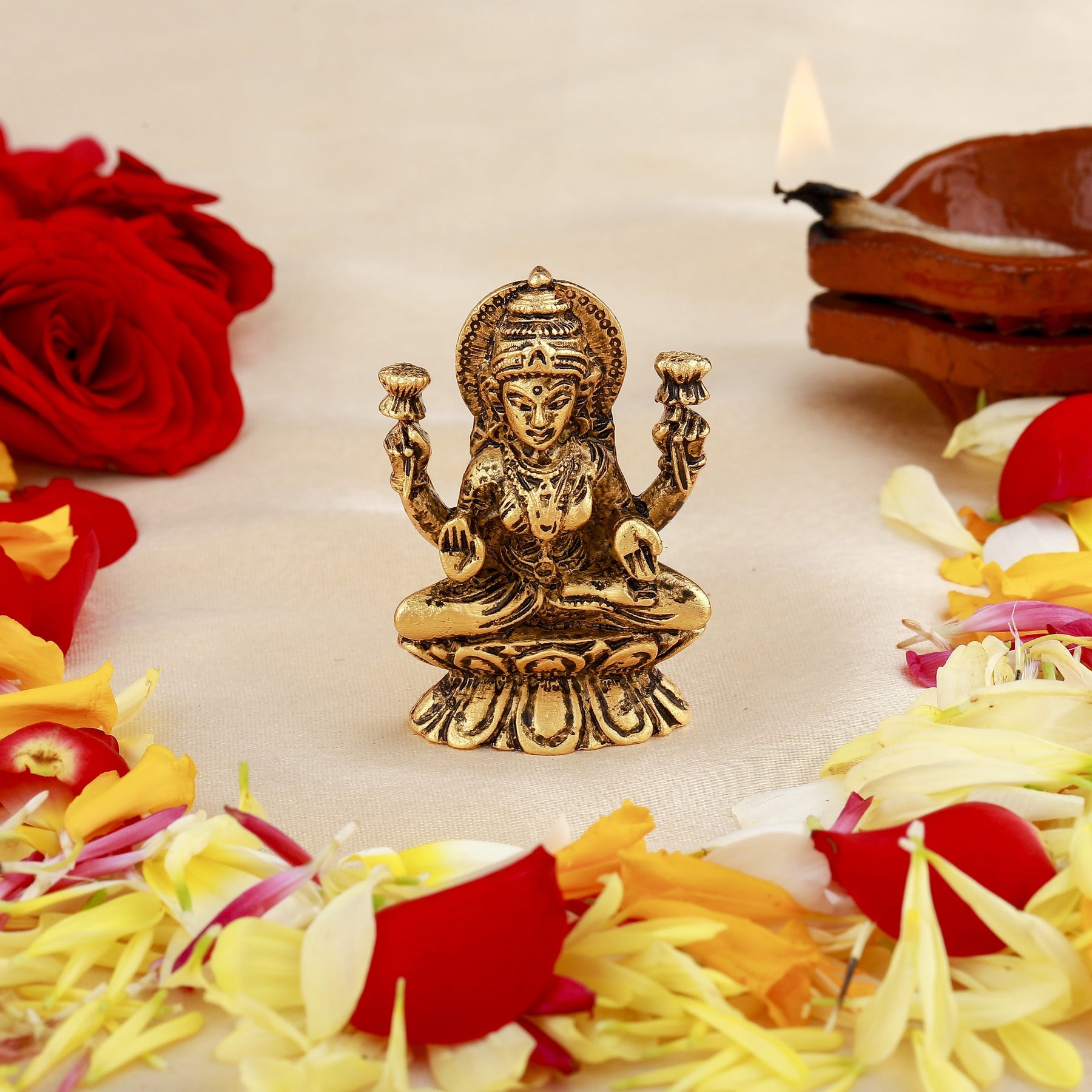 Estele Gold-Polished goddess of wealth Laxmi Devi on lotus Idol for Home/Car decor - Distacart