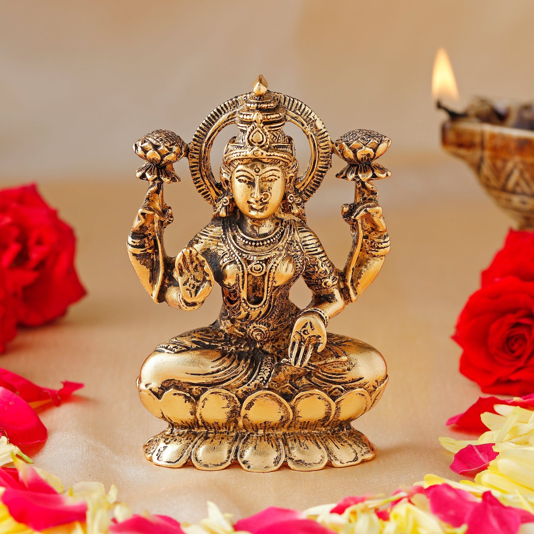Estele Gold-Polished goddess of wealth Laxmi Devi on lotus Idol for Pooja/Car decor - Distacart