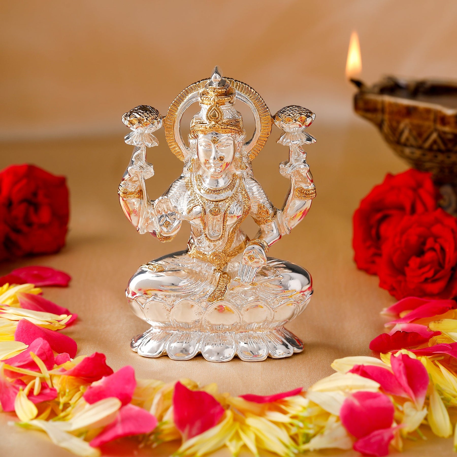 Estele Gold-Polished goddess of wealth Laxmi Devi on lotus Idol for Home/Car decor - Distacart