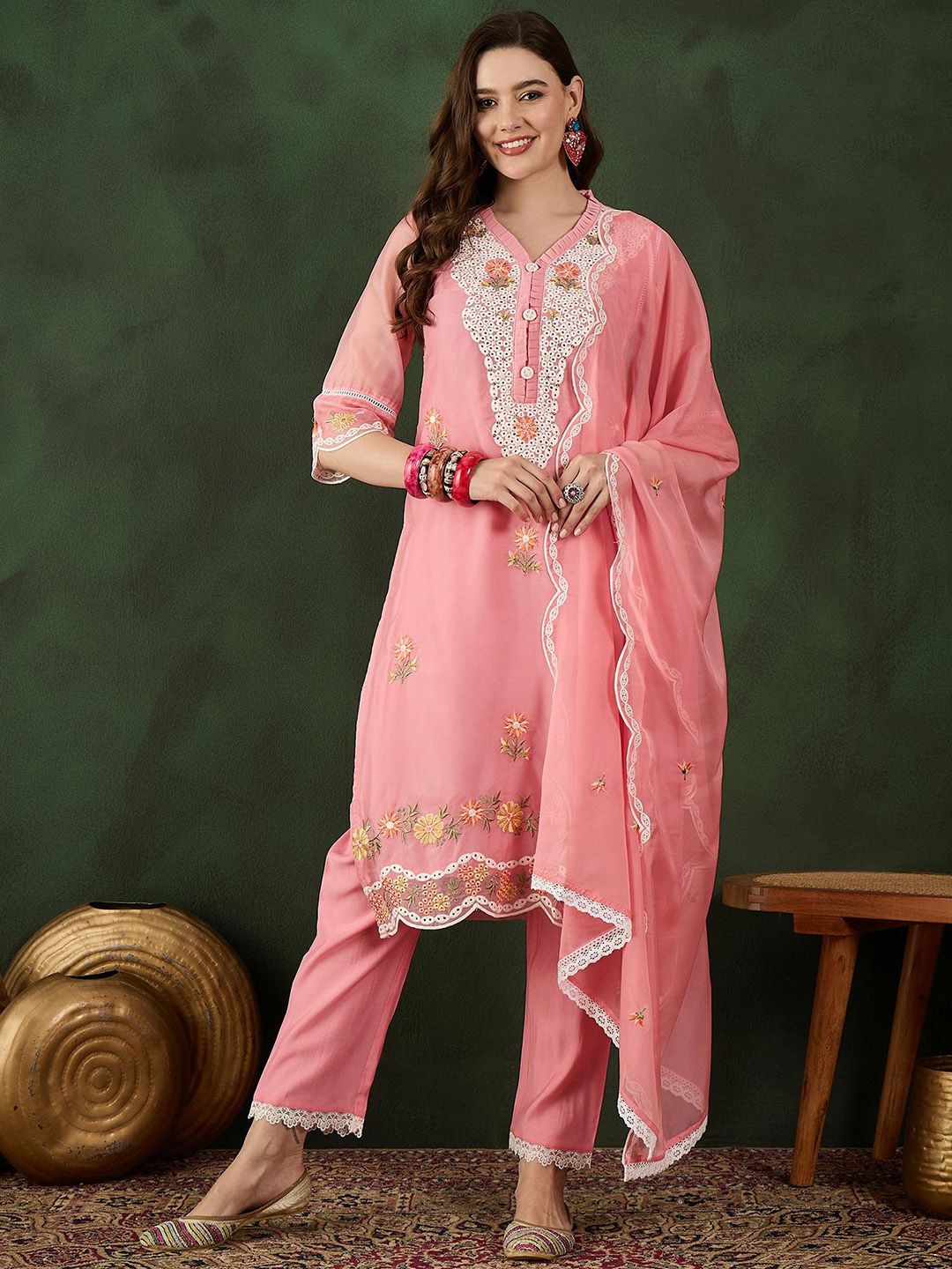 Sangria Embroidered Kurta & Trouser With Dupatta - Distacart