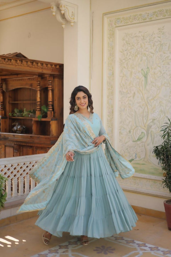 Aastha Fashion Women's Sky Blue Faux Georgette Sequins Embroidered Anarkali Dress with Dupatta - Distacart