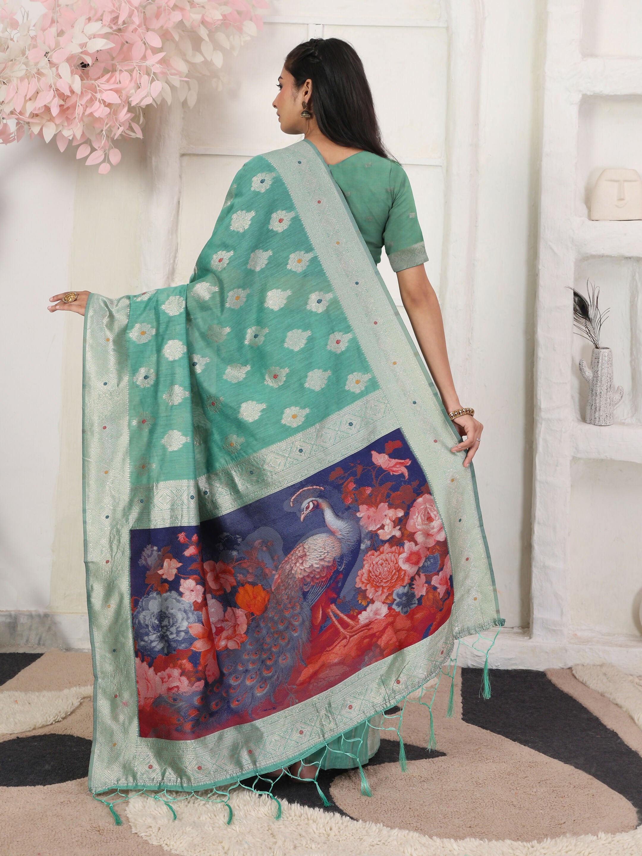 Astita Linen Cotton Rama Green Saree